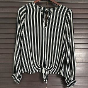 Express, black and white vertical stripe sheer blouse